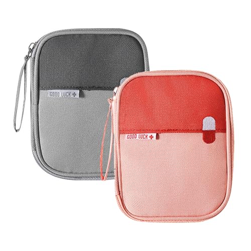 MQWDGJ Reiseapotheke Tasche, 2 Stück Mini Erste Hilfe Tasche Leer, Medikamententasche wasserdichte Medizin Aufbewahrungstasche Notfalltasche Leer für Home Office Reisen Outdoor(Grau Rosa)