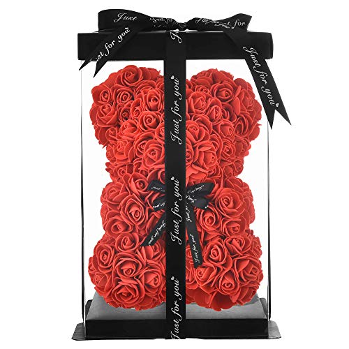 NWSX Rosenbär - Rose Flower Bär Handgemachter Teddybär, Beste künstliche Dekoration Geschenke für Muttertag, Valentinstag, Braut, Hochzeiten, Die perfekte Party Clear Geschenkbox (10in, red)