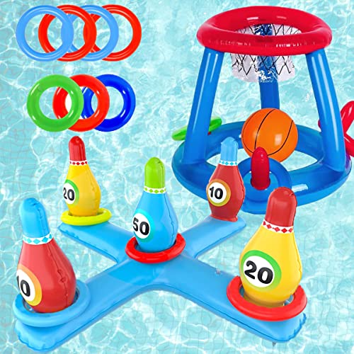 LAMOOER Aufblasbares Pool-Basketball-Spielzeug, Bowling-Kreuz-Wurf-Set, schwimmender Schwimmring und Strandball-Wurfspiele, Sommerparty, lustige Gefälligkeiten, Wasserschlachtspiel für Kinder und