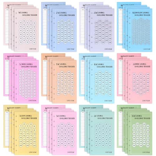 48 Blatt Sparchallenge Budgetplaner, A6 Budget Planner Sheets, Geld Spar Challenges, Geldspar Ausgaben Tracker, Geldsparende Brieftaschen Einsätze, Monatsplaner Zubehör für Binder 6 Holes