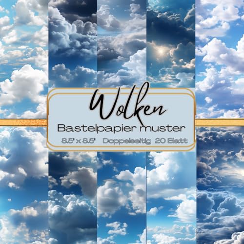 Bastelpapier Muster Wolken: Scrapbooking Papier Blauer Himmel | 8.5" x 8.5", 20 Blätter, Doppelseitig I Junk Journal Dekor I Washi Tape I Karten Herstellung | Dekoratives Bastelpapier