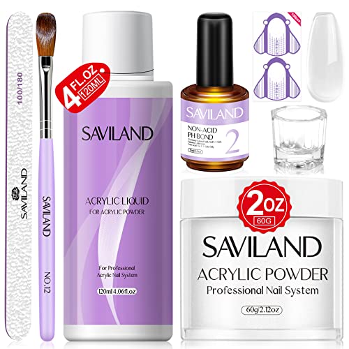 Saviland Acrylnagel-Set, 60g klares Acrylpulver und Flüssigkeit Set 120 ml Acrylflüssigkeit mit Acrylpinsel Nagelwerkzeug-Set All-in-1-Starter-Kit für langlebige Acrylnägel zum Selbermachen zu Hause