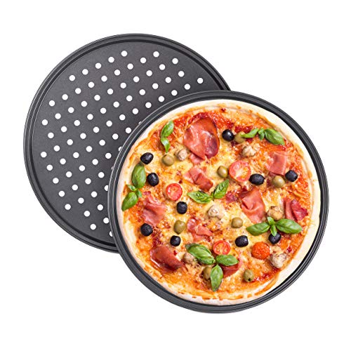 Relaxdays Pizzablech, 2er Set, rund, gelocht, antihaft, Pizza & Flammkuchen, Carbonstahl, Knusperblech, ∅ 32 cm, grau, Anthrazit