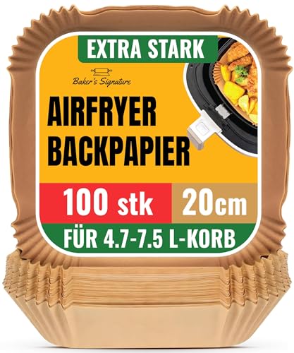 Backpapier für Heißluftfritteuse, 100 Stück - 20-24 cm Quadrat für 5.7-9 L Körbe - Ungebleichte Airfryer Backpapier - Ideal für Ofen, Pfannen und Backen - Einfach zu Reinigen von Baker's Signature