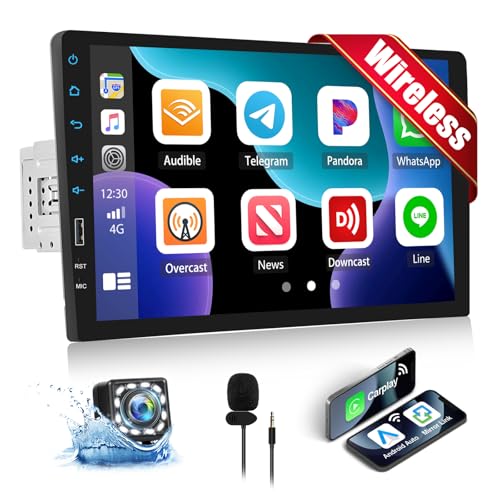 CAMECHO Autoradio 1 Din mit Wireless Carplay Android Auto 9 Zoll Bildschirm Bluetooth Radio Touch Display mit Rückfahrkamera Mirror Link FM SWC 2USB Lenkradsteuerung