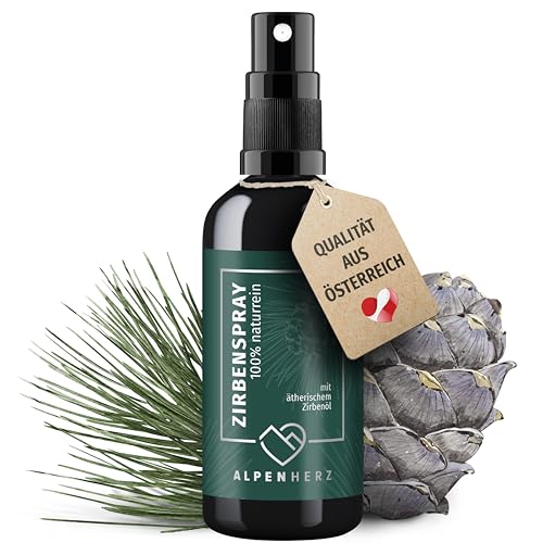 Alpen Herz Zirbenspray - 100 ml naturrein mit ätherisch Zirbenöl - Kissen duft Bett duftspray Bettspray duftspray Auto Infrarotkabine duft Tannenbaum duft WC duft Kopfkissen duft Yoga spray Geschenk