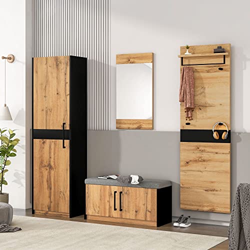 HAUSPROFI Garderobe Set 4-teilig, Flur Garderoben Komplettprogramme mit Kleiderschrank Spiegel Schuhschrank Sitzbank, Wandgarderobe mit Ablage, Stylishe Flur Garderobenset, Flurmöbel Set Holz