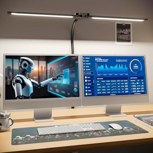 JSOT Schreibtischlampe Doppelkopf LED Dimmbar 10W 60CM Klemmbar Homeoffice Tageslichtlampe 360° Verstellbarer Lichtstreifen Schwanenhals Büro Tischlampe Augenschutz Monitorlampe 5 Farbmodi (Schwarz)