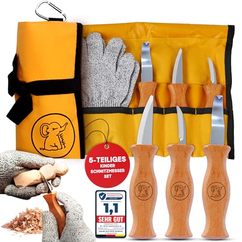 Eli® Schnitzmesser Kinder Set ab 6 Jahre - hochwertiges 5-teiliges Kindermesser Schnitzset inkl. schnittfeste Handschuhe - Kinderschnitzmesser - Schnitzwerkzeug – Taschenmesser