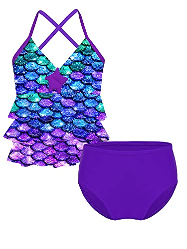 iEFiEL Meerjungfrau Bikini Set Mädchen Tankini Badeanzug Sommer Badebekleidung mit Fischschuppen gr. 98 104 116 128 140 152 164 A Lila + Blau 116