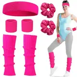 LEOEASIY 80er Jahre Accessoires, 80er Jahre Outfit Damen Accessoires, Pink Schweißband Set mit Haarband Sport, Wristbands, Beinstulpen, Karneval Kostüme Zubehör für 80er Jahre Thema Partyzubehör