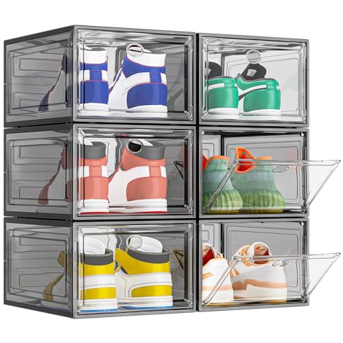 TidyTrove Schuhboxen stapelbar, 6 Stück Schuhboxen aus klarem Kunststoff, faltbar und stapelbar Schuhorganisatoren mit Magnettür für Größe 46, Schwarz