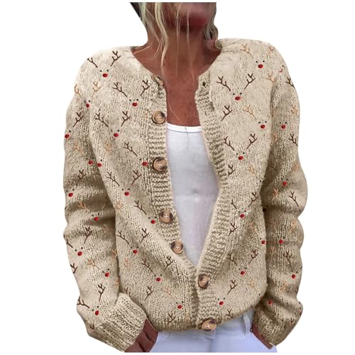 NACQZLI Weihnachtspullover Damen Weihnachtspulli mit Weihnachtsmann Drucken Strickpullover mit Weihnachtsmotive Rundhalsausschnitt Grobstrick Cardigan Weihnachten Pullover Weihnachtsstrickjacken