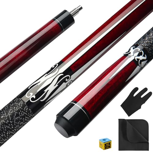 ASMPCUE Pool Queue, 58 Zoll Billard Queue Kanadischer Ahornholz Pool Cue 13mm Spitzen für Professionelle Billardspieler, 1/2 Maple Queue Sticks für Billard Tisch Sport, Klassisches Muster-Rot