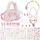 Newofview Einhorn Handtasche Schmuckset Für Mädchen,Inhörnern Kinderschmuck Halskette, Handtasche, Mädchen Armband, Ring, Haarspange, Einhorn Kleines Mädchen Rollenspiel Geburtstagsgeschenk