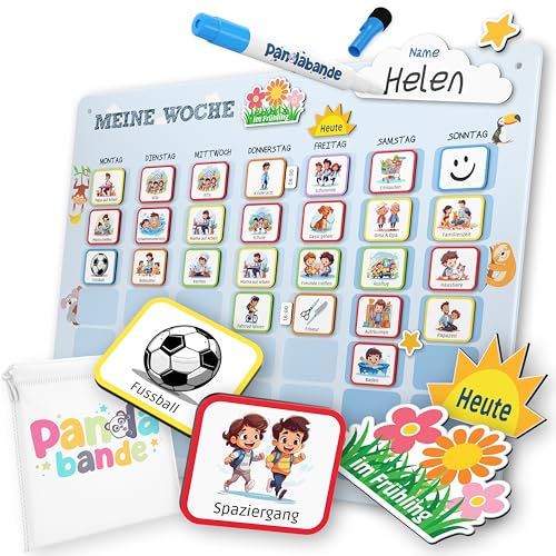 PANDABANDE® Wochenplaner Kinder - Montessori Magnettafel Kinder [inkl. Wetter, Jahreszeiten, Uhrzeiten, uvm] - Idealer Wochenplaner abwischbar magnetisch, to Do Liste Kinder, Tagesplan Kinder Routine