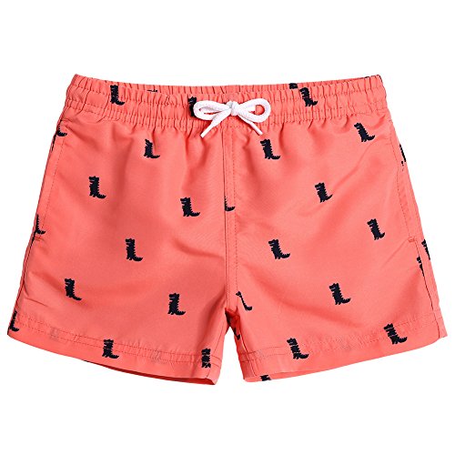 MaaMgic Kleine Jungen Badeshorts Schnelltrocknend Boardshorts mit Mesh-Futter Taschen und Verstellbarem Tunnelzug MEHRWEG, 3-4 Jahre alt, Dinosaurier Orange