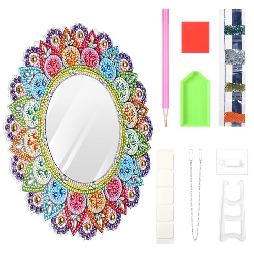 Strehknewen 5D Diamond Painting Spiegel Bastelset für Mädchen, Kreatives Mandala Basteln Set als Geburtstagsgeschenk für Kinder ab 6-12 Jahre, DIY Spiegel und Spielzeug für Mädchen,20 * 20cm
