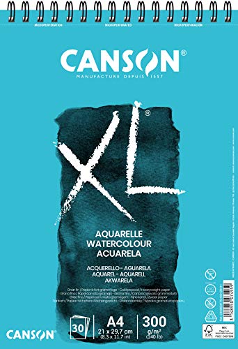 CANSON XL Aquarellpapier, fein, 300 g/m², an der kurzen Seite spiralgebundener Block, DIN A4 21 x 29,7 cm, Weiß, 30 Blatt