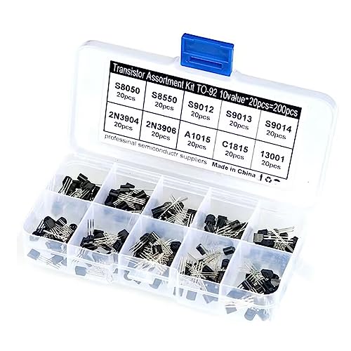 Transistor, Transistoren, NPN PNP Leistungstransistoren, 3 Pin Transistoren, 10 Arten Gemischter Allzwecktransistoren Sortimentssatz Kit mit Aufbewahrungsbox, Für Reparaturgeräte, 200 Stück