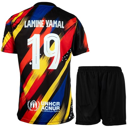 Hawkara Barcelona 2024/2025 Yamal #19 Kinder Sonderausgabe Schwarz Trikot mit Kurz, Neu Saison, Fußball Trikot Set Jugendgrößen (Schwarz,164)