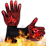 Grillhandschuhe, Grill-Ofenhandschuhe, hitzebeständig bis 800 °C, für Küche, Backen, Grill, Mikrowelle, Kamin, EN407-zertifiziert (rote Flamme)