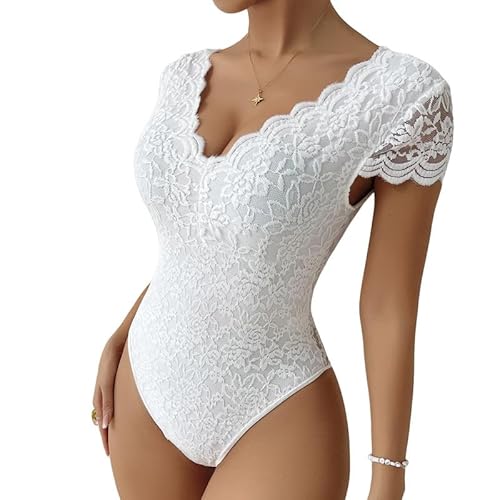 Haibang Body Damen Sexy Spitze V-Ausschnitt Kurzarm Bodysuit Elegant Stickerei Spitzenbody Floral Lace Rückenfrei Oberteil Slim Fit Jumpsuit Overall Sommer Damenbody Spitzenbluse Party Club Shirts