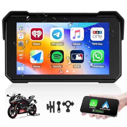 Motorrad GPS CarPlay Bildschirm mit Motorrad Design Halterung, drahtloser Carplay und Android Auto, tragbarer Wasserdichter 5 "Touchscreen Motorcycle GPS CarPlay -Bildschirm unterstützt Bluetooth,Siri