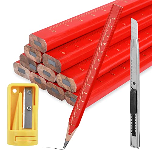 Prasacco 12 Stück Zimmermannsbleistift, Baubleistifte Rot Holzbearbeitung Markierungswerkzeug Baubleistift Bleistift baustelle mit Bleistiftanspitzer für Markieren und Anzeichnenauf der Baustelle