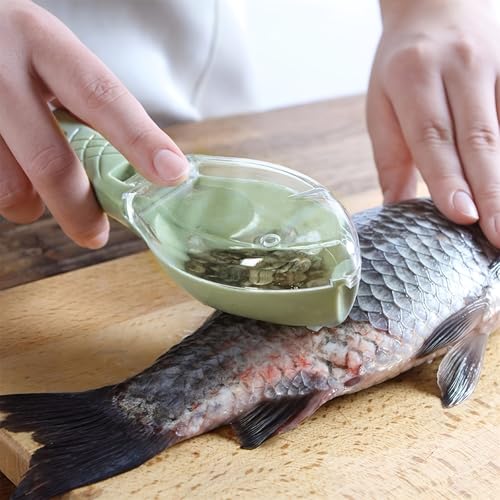 UV STYLISH Fischschuppen - Entkalker, Kunststoff-Fischschuppenschaber, Fischhautschäler, Fisch Scaler Fischschuppen Entferner mit Klarer Abdeckung für Küche, Restaurant(Grün)