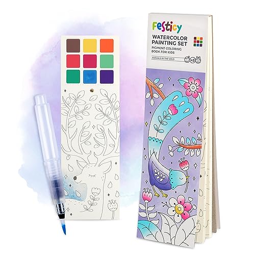 Festicy Aquarell Malbuch mit Wassertankpinsel I 25 Seiten für Kinder unterwegs I Perfekte Flugzeug Beschäftigung Kinder I Spiele für lange Autofahrten I Urlaub Must Haves Kinder