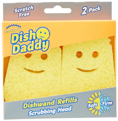 Scrub Daddy Spülstab-Schwamm-Ersatzköpfe, Seifenspender-Scheuerbürste, Texturwechsel-Spülbürste mit Flüssigkeitsspender, Bürsten mit Schaber und abnehmbaren Kopfschwämmen, 2 Stück Gelb