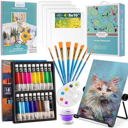 Inburit Acrylfarben Set, Leinwand zum Bemalen, Malset mit 18 Farben Acrylfarbe, 4 Leinwand, 1 Klappbare Staffelei, Acrylic Paint Set, Ideal für Canvas, Holz, Papier für Anfänger Profis