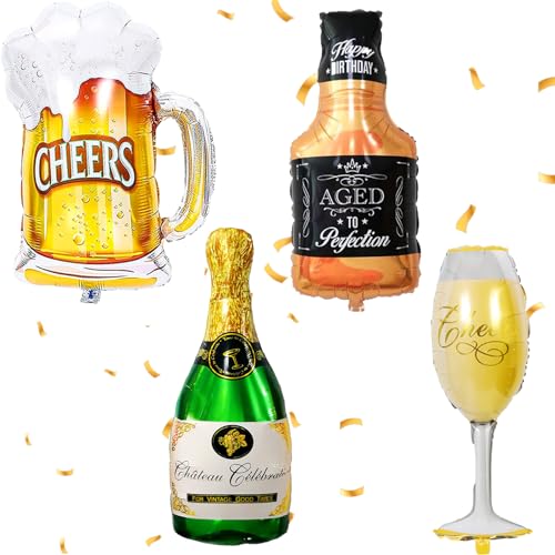 4 Stück Champagner Luftballons, XXL Bier Ballons, Folienballon Champagner, Riesen Wein Flaschen Heliumballon, Whisky Flasche Weinglas für Geburtstag Urlaub Hochzeit Bierthema Party Dekoration
