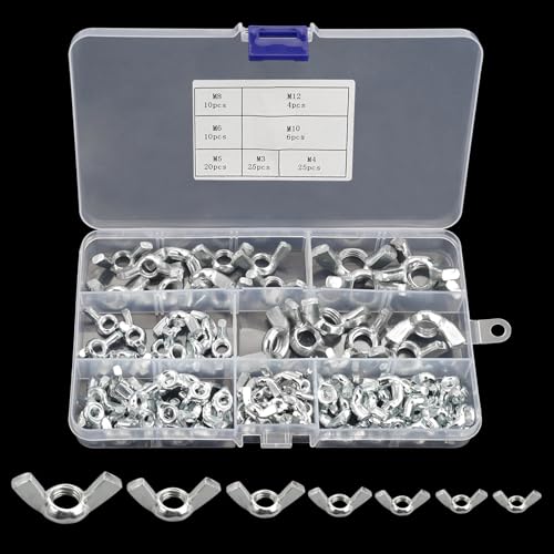 Flügelmuttern Sortiment Kit Flügelmutter Edelstahl, Muttern Set M3 M4 M5 M6 M8 M10 M12，Flügelschraube Hardware Tools, Schmetterlings Flügelschrauben, Flügelmutter Satz （100 Silber）