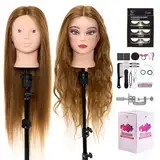 Neverland Beauty 71 cm Trainingskopf mit 60% Echthaar, Friseur-Mannequin-Kopf, Kosmetologie-Puppenkopf mit Tischklemme und Friseur-Werkzeug-Set, Glatt, Menschliches Haar , Einnähen Gold