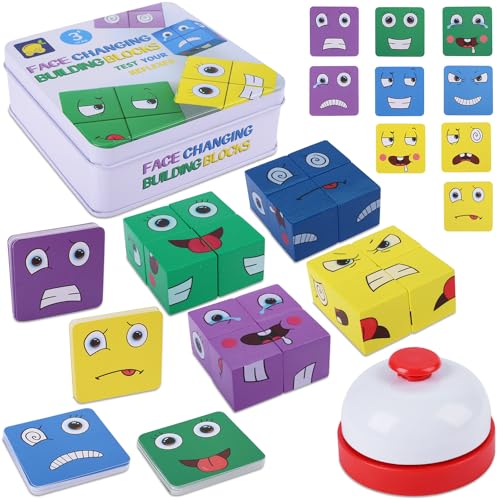 RNHDLY Holzwürfel Puzzle, Face Change Rubiks Cube, Emoji Blocks Spiel, 3D Puzzle Face-Changing Magic Cube, Bunte Zauberwürfel Baustein Spielzeug Ausgestattet mit Snatch Bell