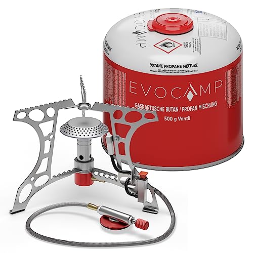 EVOCAMP kompakter Campingkocher 3.2 kW mit Piezo-Zünder, Camping Stove, Mini-Gaskocher - ideal für Camping, Angeln und Outdoor (+1 Kartusche 500 g)