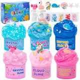 FGZU 6 Stück Slime Set mit Fluffy Cloud Slime, Butter Slime & Clear Slime, Stressabbau Schleim Kinder DIY Slime Kit mit Unicorn Axolotl Slime Charms, Party Geburtstags Geschenke für Mädchen Jungen