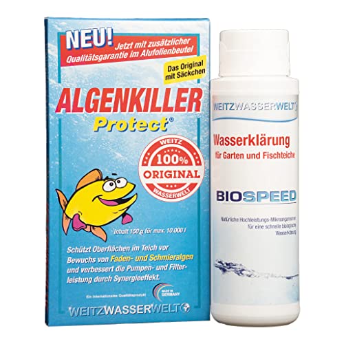 SCHNELLKLAR SPARSET -Biologische Schnellreinigung der Teiche. Stark gegen Algen, Schlamm, Wassertrübungen - BIOSPEED & ALGENKILLER Protect im DUO pack. Erzeugen ein stabiles ökologisches Gleichgewicht