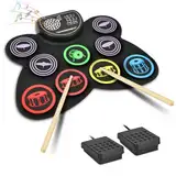 OFFCUP Elektrisches Schlagzeug, Roll Up Drum Kit mit 9 Drum Pads, Faltbares elektronisches schlagzeug mit 3.5mm Kopfhöreranschluss, Lautsprecher, Holzstäbe und Pedale mit Anfänger und Kinder