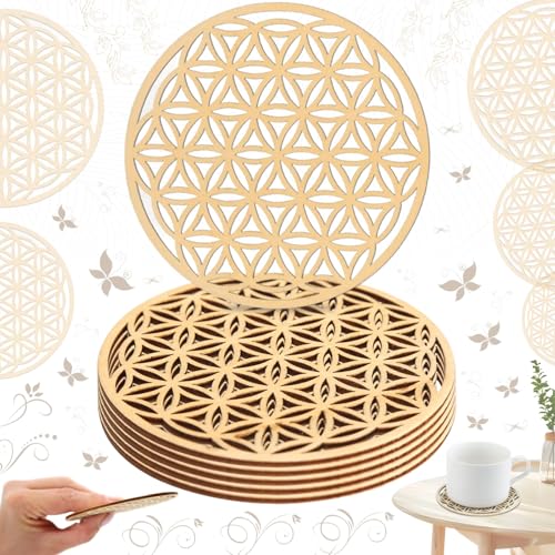 Liekadijiae 10 Stück Blume des Lebens aus Holz, Wanddekoration Holzblume des Lebens, Untersetzer für Getränke, Hochwertige Blume des Lebens aus Holz in einem für Deko Haus Wandbild Wohnzimmer