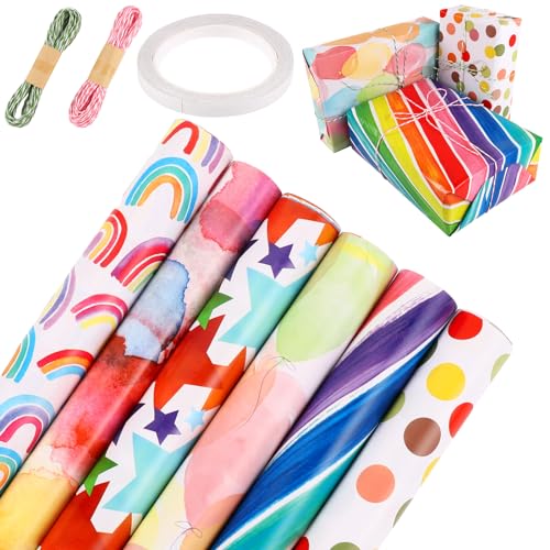 6 Rollen Geschenkpapier Kindergeburtstag Set, 3m Geschenkpapier Kinder Rolle Junge Mädchen Pastell Buntes mit Klebeband Hanfseil für Einschulung Taufe Geburtstag Hochzeit