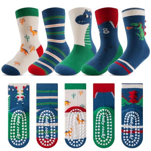 Kyopp 5 Paar Stoppersocken Kinder Baumwolle Socken Jungen Mädchen ABS Anti Rutsch Socken Tiermotive 25-37EU（ABS-Dinosaurier L）