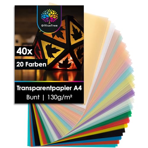 OfficeTree 40 x Transparentpapier Bunt A4 - Pergamentpapier Bunt 20 Farben inkl. Gold & Silber - Buntes Transparentpapier zum Basteln von Laternen