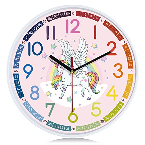 Lafocuse Kinder Wanduhr Lautlos Einhorn, Bunt Ziffern Kreativ Einfach zu Lesen, Rosa Lernuhr für Mädchen und Jungen, Ohne Ticken für Kinderzimmer Kindergarten Schule 30cm