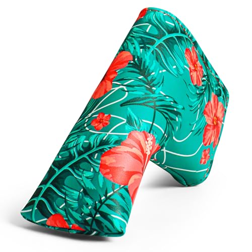 Golfschlägerhaube Putter Totenkopf & Vierblättriges Kleeblatt, Leicht Wasserdicht Bestickt Kunstleder Headcover Putterhaube Kopfbedeckung, Golf Head Covers Protector (Rote Blumen)