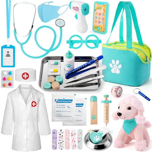 Sundaymot Arztkoffer Kinder Holz, Tierarztkoffer für Kinder mit Plüsch Poodle Spielzeug Echtem Stethoskop, Thermometer, Arztkittel und tragbare Doktortasche, Rollenspiel Spielzeug ab 3 Jahre