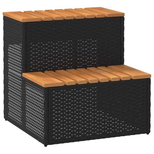 vidaXL Whirlpooltreppe Schwarz 50x50x50,5 cm Poly Rattan Akazie Massiv, Whirlpool-Stufe, 2-Stufen-Leiter, Tritthocker, Stufe für Whirlpool, Poolleiter
