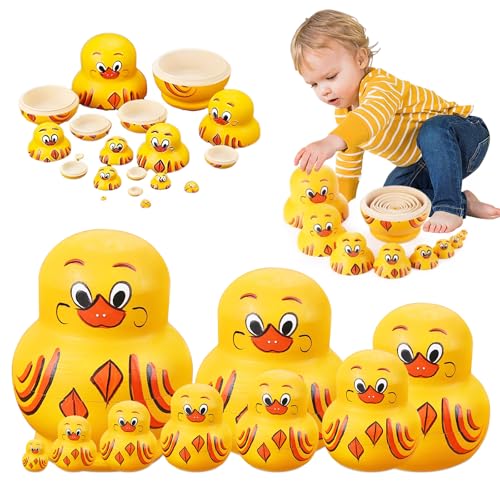 xinrongda Russische Matroschka Puppen, Handgefertigte Gelbe Enten Matroschka Puppen, 9 Stück Hölzerne Russische Nistpuppen, Stapelbar Pädagogisches Lernspielzeug Für Kinder, Stapelspielzeug Aus Holz